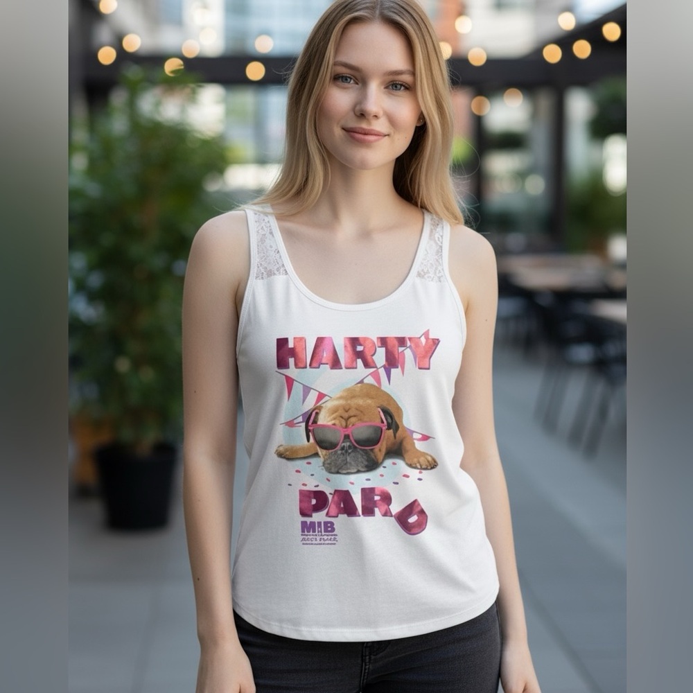 Universal Studios Men In Black Harty Pard Dog Graphic Lace Back Tank size Large